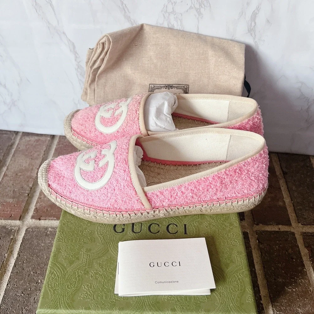 Gucci GG Logo Monogram Interlocking G Terry Espadrille Flat Pink Womens EU 36